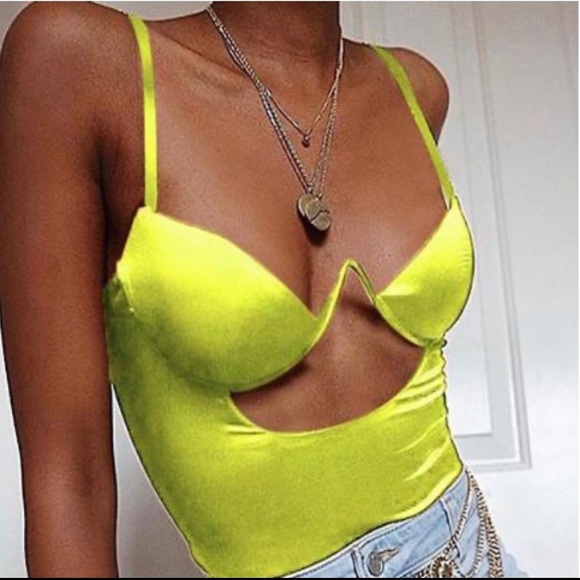 FAUX SILK NEON GREEN BODY SUIT CUT OUT CENTER - Picture 4 of 4